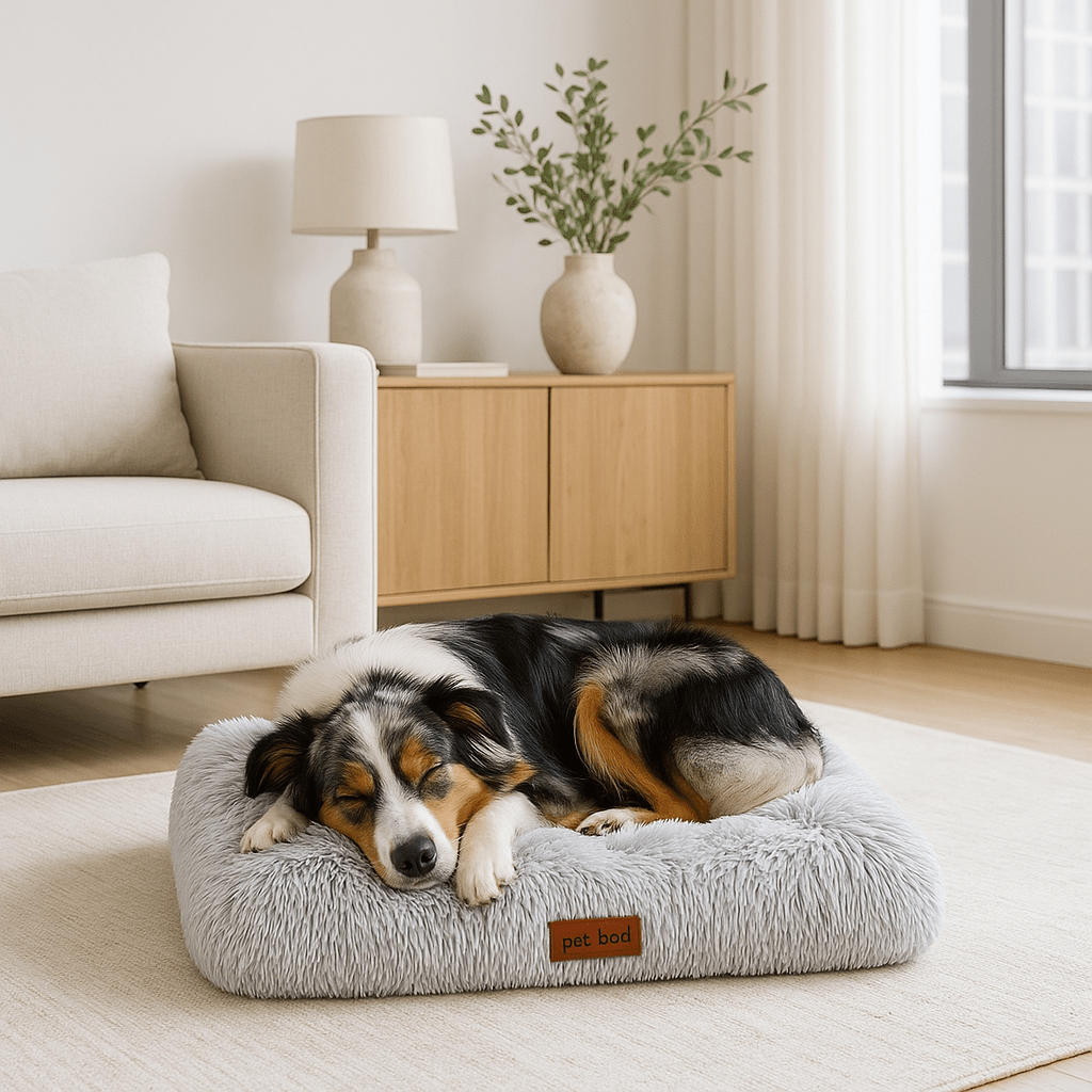 Tapis-pour-chiens-xxl-épais-en peluche douce-rembourrage 100% coton haute densité-lavable en machine et antidérapant pour chien de petite à grande taille-un chien de taille moyenne qui dort en boule sur son tapis épais comme un coussin en peluche gris dans le salon de l'appartement