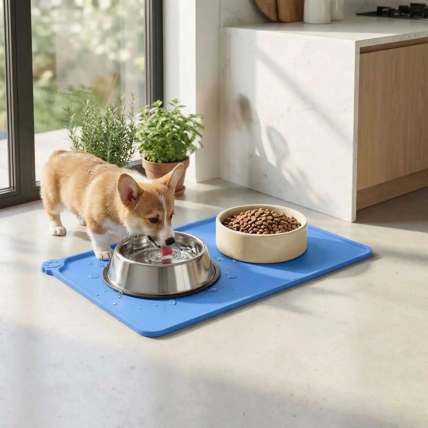 Tapis-pour-gamelle-chien-chiot en siliconne alimentaire sans BPA, résistant, 100% imperméable, résistant et durable, lavable en lave vaisselle-un chiot Corgi welsh qui boit dans sa gamelle d'eau sur le tapis pour gamelle chien qui protège le sol des salissures