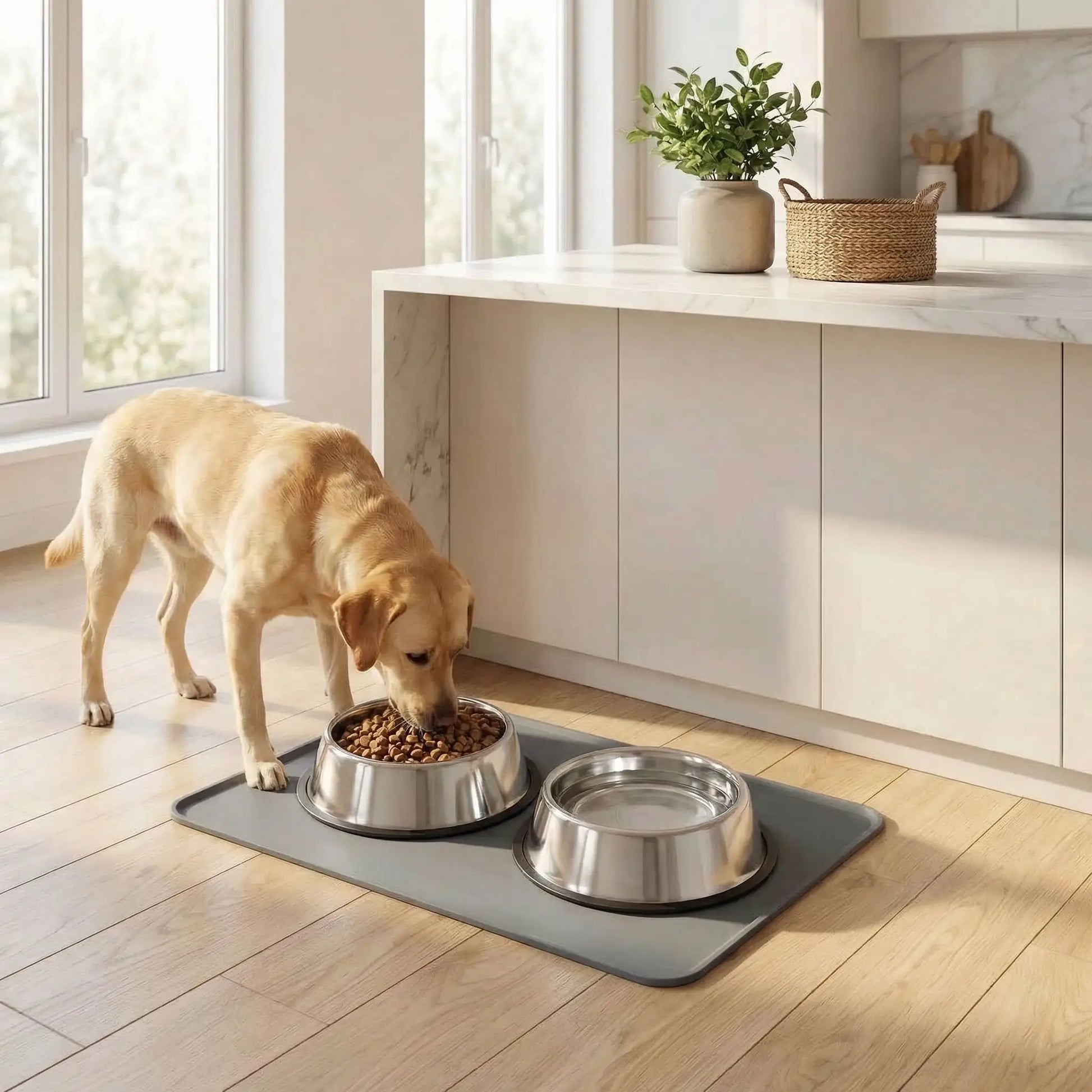 Tapis-pour-gamelle-chien-chiot en siliconne alimentaire sans BPA, résistant, 100% imperméable, résistant et durable, lavable en lave vaisselle-un labrador qui boit dans sa gamelle d'eau sur le tapis pour gamelle gris pour chien qui protège le sol du salon des salissures