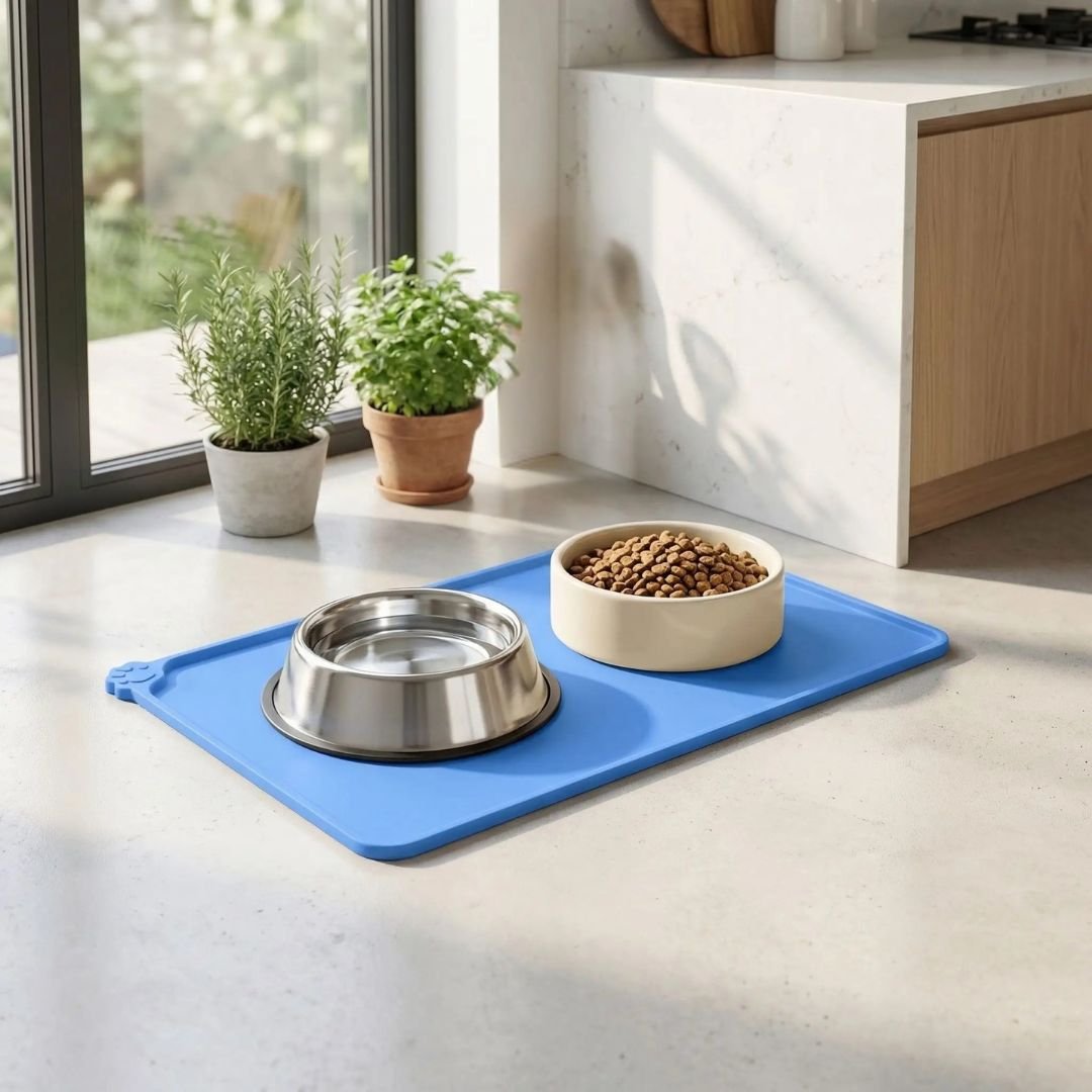 Tapis-pour-gamelle-chien-chiot en siliconne alimentaire sans BPA, résistant, 100% imperméable, résistant et durable, lavable en lave vaisselle-gros plan sur le tapis pour gamelle bleu pour chien avec deux gamelles en céramique et inox pour l'eau et les croquettes qui protège le sol de la cuisine des salissures