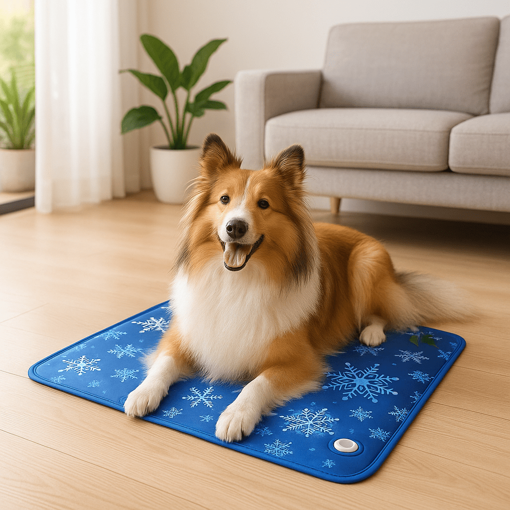 Tapis-rafraichissant-chien-chiot-gel-froid avec de l'eau et bouchon sécurisé confortable épais pliable et transportable-réutilisable à l'infini écoresponsable et économique jusqu'à 7 à 9 degrés de moins-protection canine lors de l'été et chaleur-un chien à poils très long et épais couché confortablement sur son tapis rafraichissant en gel non toxique et PVC résistant aux griffes sur le sol du salon en été