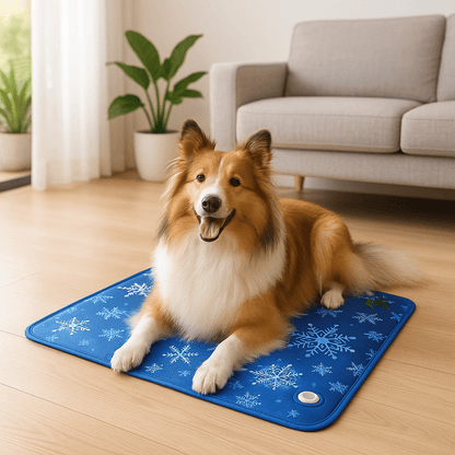 Tapis-rafraichissant-chien-chiot-gel-froid avec de l'eau et bouchon sécurisé confortable épais pliable et transportable-réutilisable à l'infini écoresponsable et économique jusqu'à 7 à 9 degrés de moins-protection canine lors de l'été et chaleur-un chien à poils très long et épais couché confortablement sur son tapis rafraichissant en gel non toxique et PVC résistant aux griffes sur le sol du salon en été