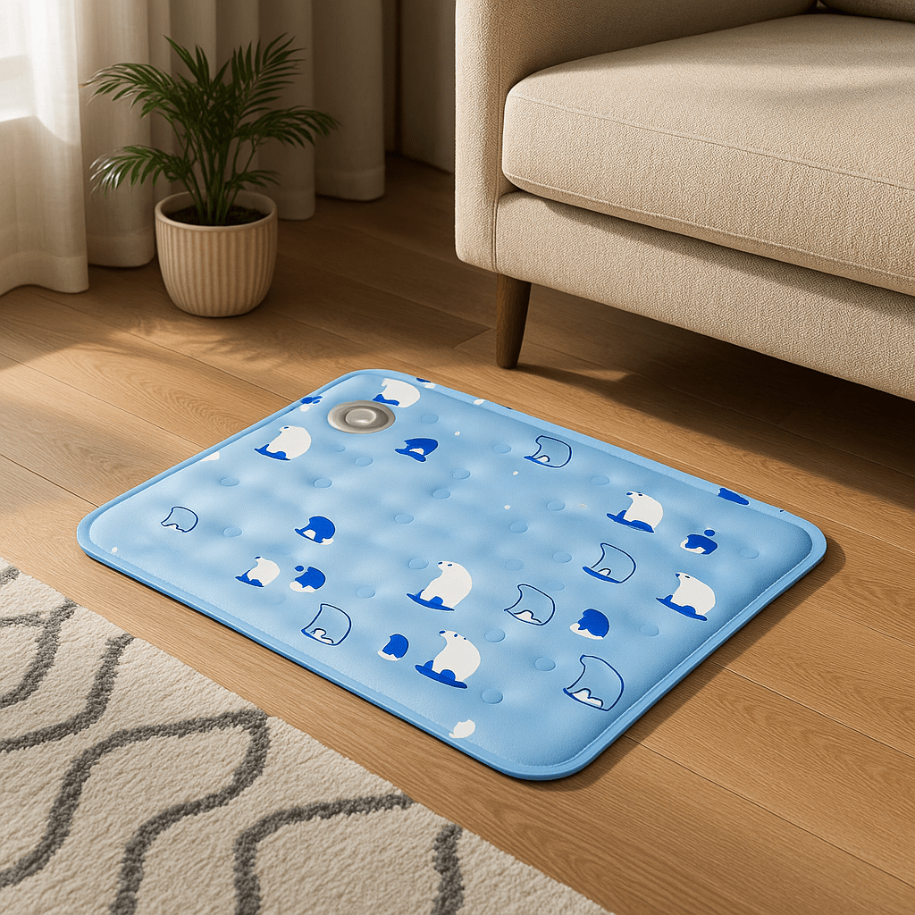 Tapis-rafraichissant-chien-chiot-gel-froid avec de l'eau et bouchon sécurisé confortable épais pliable et transportable-réutilisable à l'infini écoresponsable et économique jusqu'à 7 à 9 degrés de moins-protection canine lors de l'été et chaleur-design ours polaires moignons de couleur bleu clair en 3 tailles S M et L pour toutes tailles de chiens