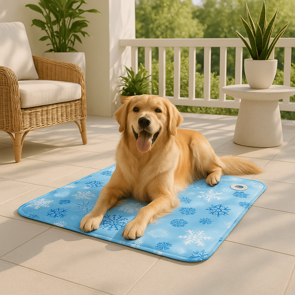 Tapis-rafraichissant-chien-chiot-gel-froid avec de l'eau et bouchon sécurisé confortable épais pliable et transportable-réutilisable à l'infini écoresponsable et économique jusqu'à 7 à 9 degrés de moins-protection canine lors de l'été et chaleur-un chien à poils épais et courts couché confortablement sur son tapis rafraichissant en gel non toxique et PVC résistant aux griffes sur le sol du balcon de l'appartement en été