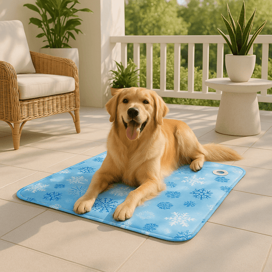 Tapis-rafraichissant-chien-chiot-gel-froid avec de l'eau et bouchon sécurisé confortable épais pliable et transportable-réutilisable à l'infini écoresponsable et économique jusqu'à 7 à 9 degrés de moins-protection canine lors de l'été et chaleur-un chien à poils épais et courts couché confortablement sur son tapis rafraichissant en gel non toxique et PVC résistant aux griffes sur le sol du balcon de l'appartement en été