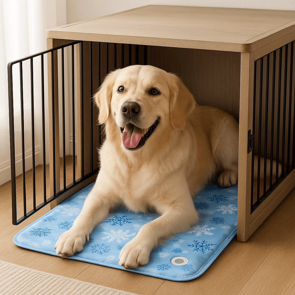 Tapis-rafraichissant-chien-chiot-gel-froid avec de l'eau et bouchon sécurisé confortable épais pliable et transportable-réutilisable à l'infini écoresponsable et économique jusqu'à 7 à 9 degrés de moins-protection canine lors de l'été et chaleur-un grand chien couché confortablement sur son tapis rafraichissant en gel non toxique et PVC résistant aux griffes dans sa niche en bois intérieure