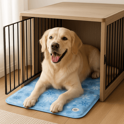 Tapis-rafraichissant-chien-chiot-gel-froid avec de l'eau et bouchon sécurisé confortable épais pliable et transportable-réutilisable à l'infini écoresponsable et économique jusqu'à 7 à 9 degrés de moins-protection canine lors de l'été et chaleur-un grand chien couché confortablement sur son tapis rafraichissant en gel non toxique et PVC résistant aux griffes dans sa niche en bois intérieure