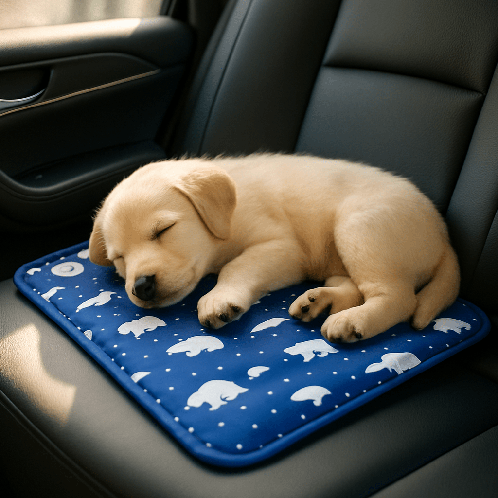 Tapis-rafraichissant-chien-chiot-gel-froid avec de l'eau et bouchon sécurisé confortable épais pliable et transportable-réutilisable à l'infini écoresponsable et économique jusqu'à 7 à 9 degrés de moins-protection canine lors de l'été et chaleur-un chiot qui dort paisiblement en boule sur son tapis rafraichissant en gel non toxique et PVC résistant aux griffes sur le siège arrière en cuir de  la voiture