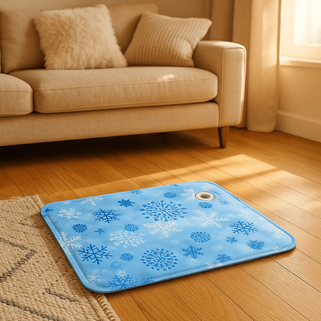 Tapis-rafraichissant-chien-chiot-gel-froid avec de l'eau et bouchon sécurisé confortable épais pliable et transportable-réutilisable à l'infini écoresponsable et économique jusqu'à 7 à 9 degrés de moins-protection canine lors de l'été et chaleur-design glace et couleur bleu clair et existe en 3 tailles S, M et L pour chien de toutes tailles