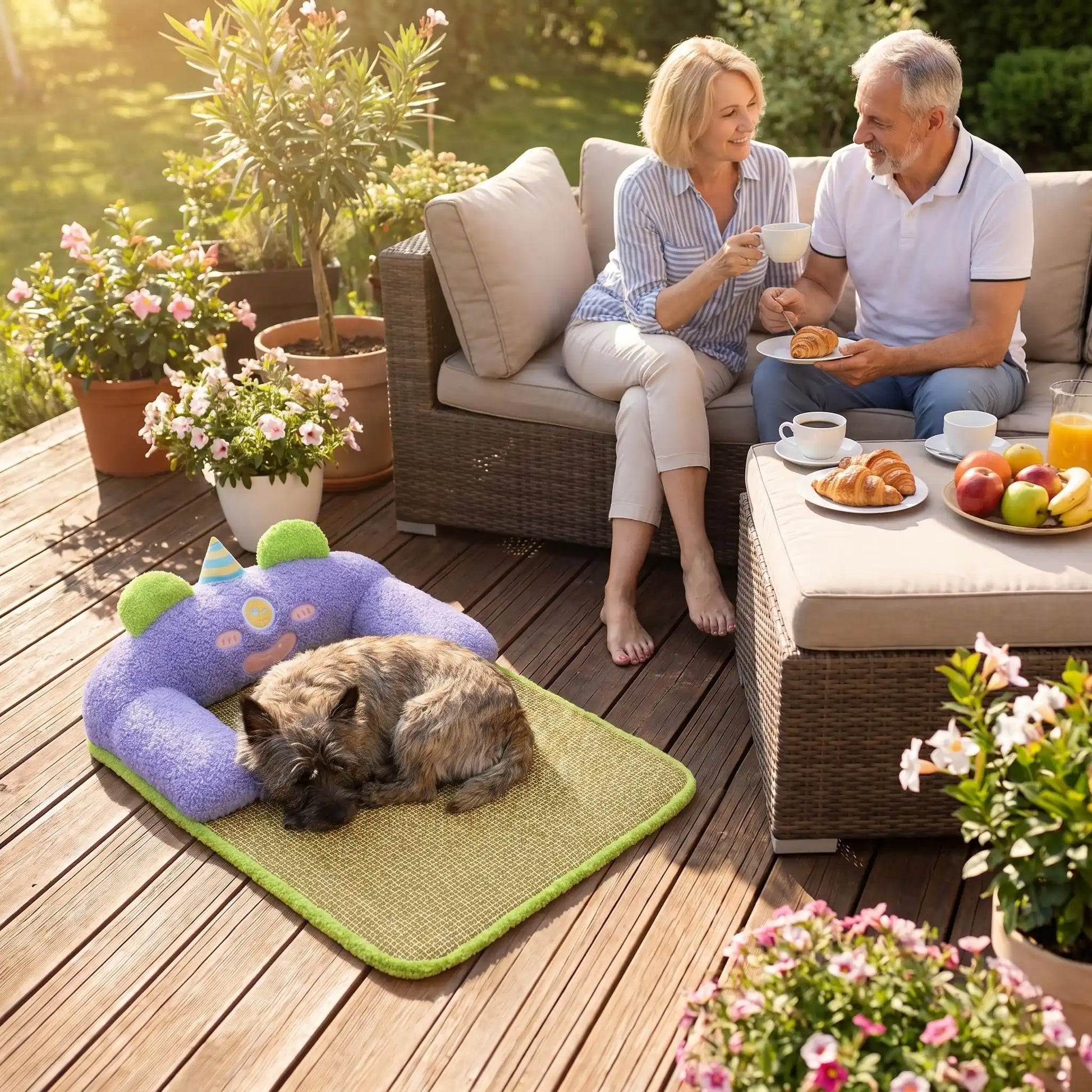 Tapis-rafraichissant-chien-petit-antidérapant, imperméable, résistant aux griffes, lavable avec traversin intégré , matelas et coussin en U rembourré 100% coton haute densité ergonomique pour le cou, sécurisant pour les petites races de chien et chiots de 0 à 7 kilos maximum-un petit chien qui dort couché sen boule , sa tête nichée contre l'oreiller cylindrique en peluche douce sur le tapis rafraichissant sur le sol de la terrasse à côté de ses maitres qui déjeunent dehors en été