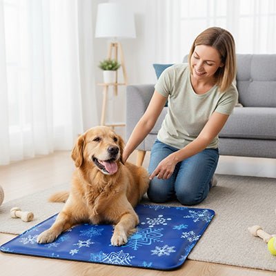 Tapis-rafraichissant-chien-chiot-gel-froid avec de l'eau et bouchon sécurisé confortable épais pliable et transportable-réutilisable à l'infini écoresponsable et économique jusqu'à 7 à 9 degrés de moins-protection canine lors de l'été et chaleur-un grand chien à poils dense couché confortablement sur son tapis rafraichissant en gel non toxique et PVC résistant aux griffes sur le sol du salon en été à coté de sa maitresse souriante