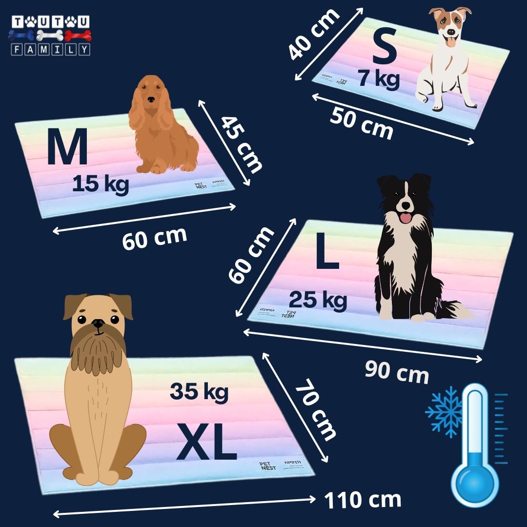 Tapis-rafraichissant-chien-gel-guide-des-tailles S-M-Let XL et dimensions pour les chiots et chiens jusqu'à 35 kg