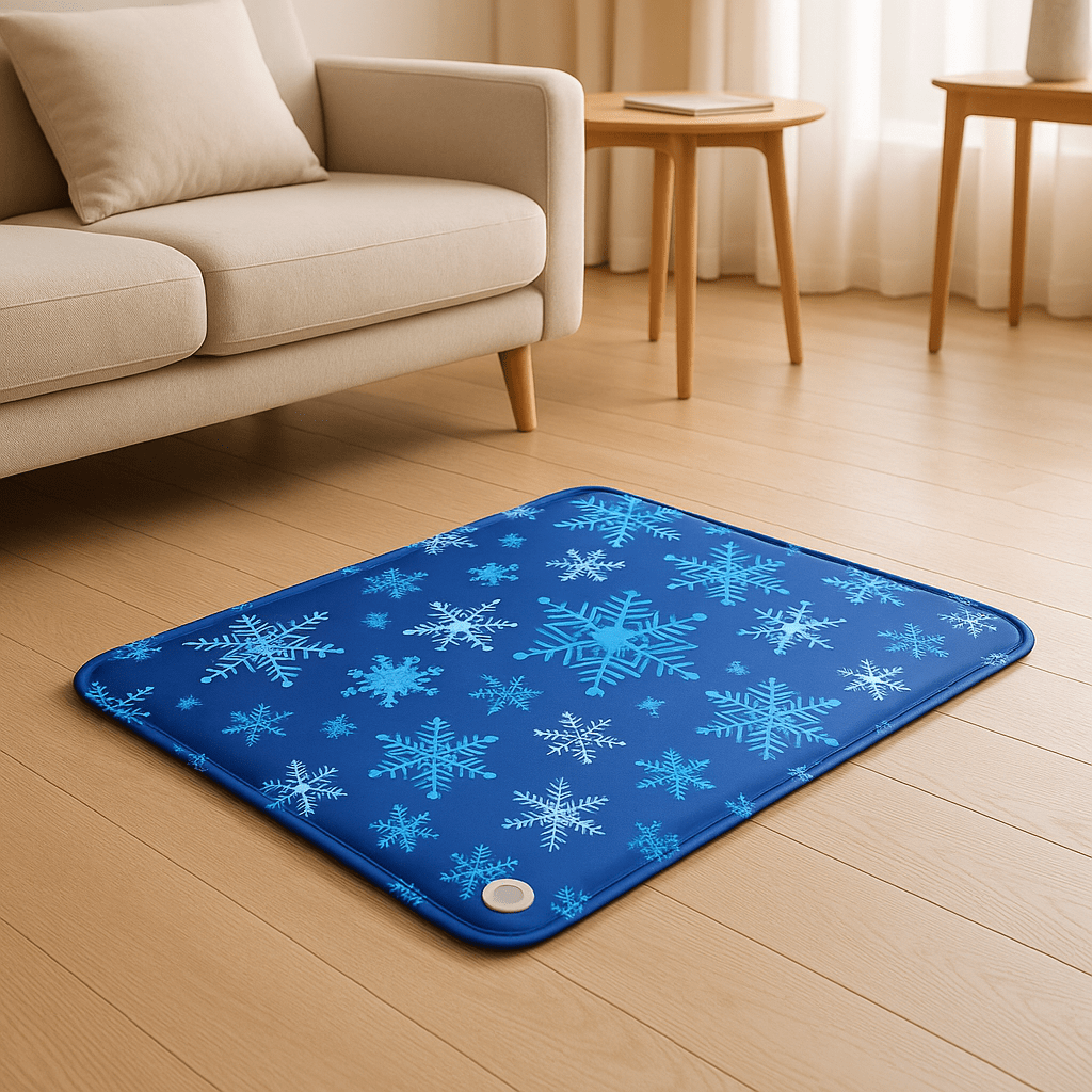 Tapis-rafraichissant-chien-chiot-gel-froid avec de l'eau et bouchon sécurisé confortable épais pliable et transportable-réutilisable à l'infini écoresponsable et économique jusqu'à 7 à 9 degrés de moins-protection canine lors de l'été et chaleur-design glace et couleur bleu foncé et 3 tailles S, M et L pour chiens de toutes tailles