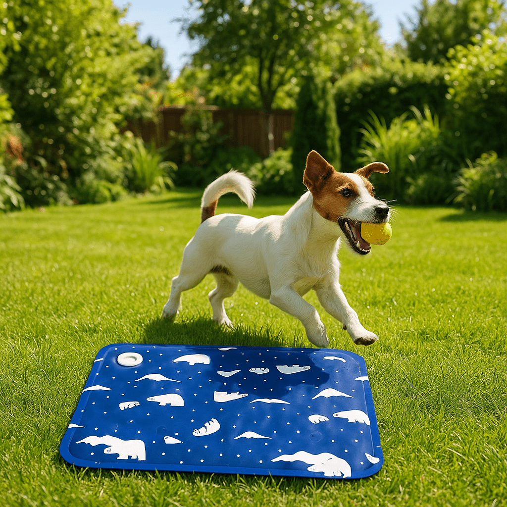 Tapis-rafraichissant-chien-chiot-gel-froid avec de l'eau et bouchon sécurisé confortable épais pliable et transportable-réutilisable à l'infini écoresponsable et économique jusqu'à 7 à 9 degrés de moins-protection canine lors de l'été et chaleur-un chien de petite taille qui joue avec une balle à côté de son tapis au design ours polaire de couleur bleu foncé