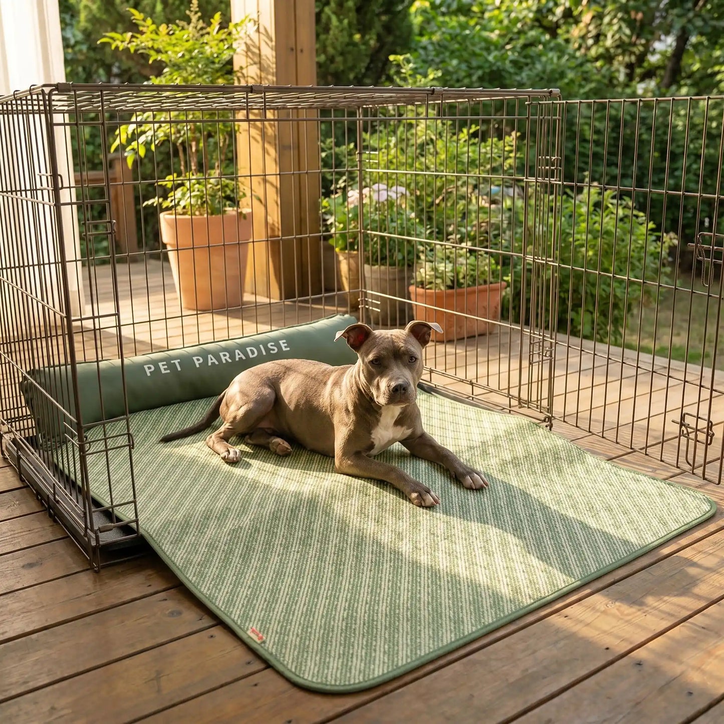 Tapis-rafraichissant-chien, antidérapant, imperméable, résistant aux griffes, lavable à l'eau avec traversin intégré , matelas et coussin rembourré 100% coton haute densité ergonomique pour le cou, sécurisant pour toutes les races de chien et chiot-un pitt bull minature couché confortablement sur le tapis rafraichissant de taille xl dans sa cage de transport sur la terrrasse du jardin de la maison en saison chaude et estivale