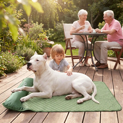 Tapis-rafraichissant-chien, antidérapant, imperméable, résistant aux griffes, lavable à l'eau avec traversin intégré , matelas et coussin rembourré 100% coton haute densité ergonomique pour le cou, sécurisant pour toutes les races de chien et chiot-un chien de grand race couché confortablement sur le tapis rafraichissant se faisant caresser par un petit garçon sur la terrasse de la maison avec ses maitres qui déjeunent en saison estivale avec fortes de chaleurs