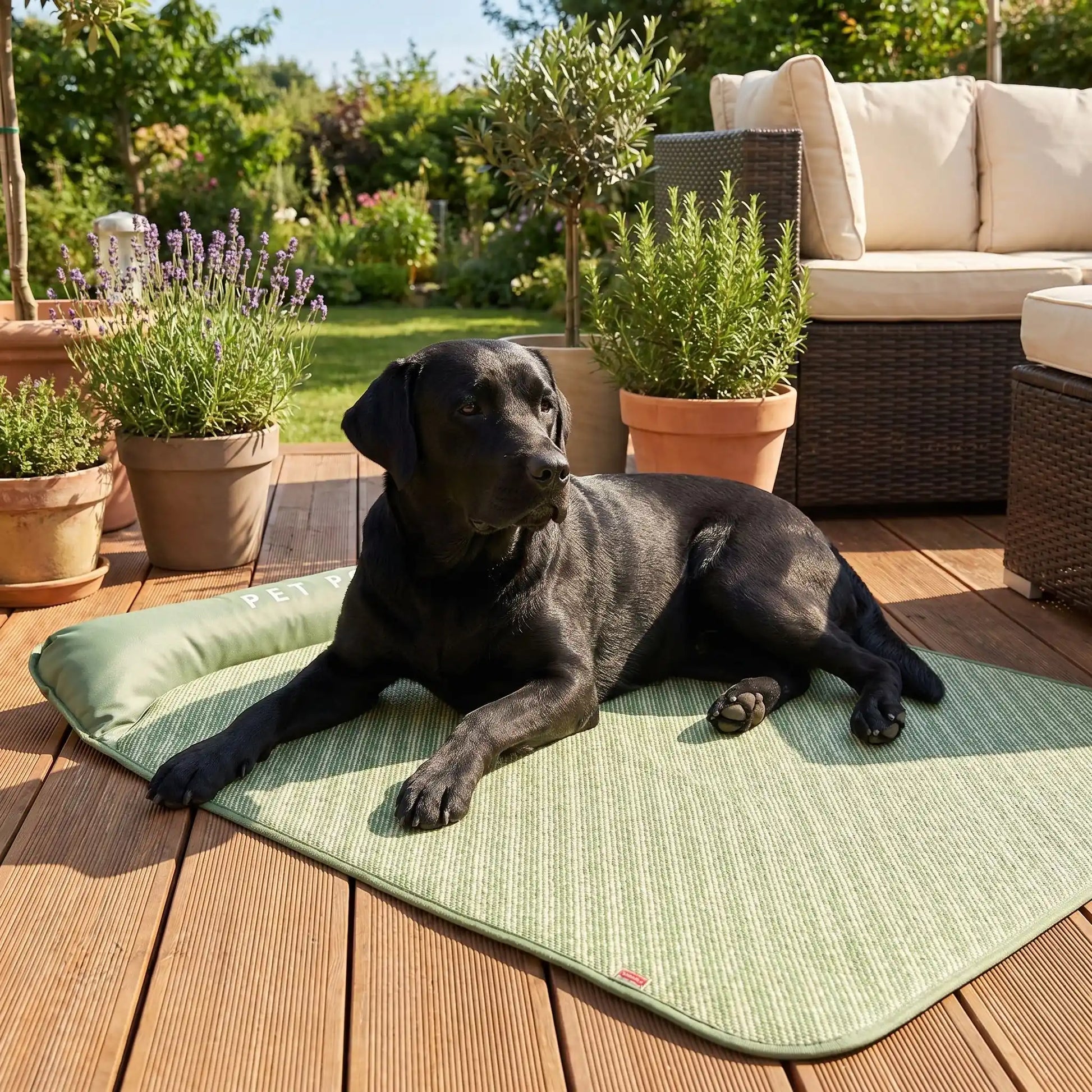 Tapis-rafraichissant-chien, antidérapant, imperméable, résistant aux griffes, lavable à l'eau avec traversin intégré , matelas et coussin rembourré 100% coton haute densité ergonomique pour le cou, sécurisant pour toutes les races de chien et chiot-un grand chien couché confortablement sur le tapis rafraichissant xxl, se dorant la pillule au soleil sur la terrasse du jardin de la maison en vacances d'été