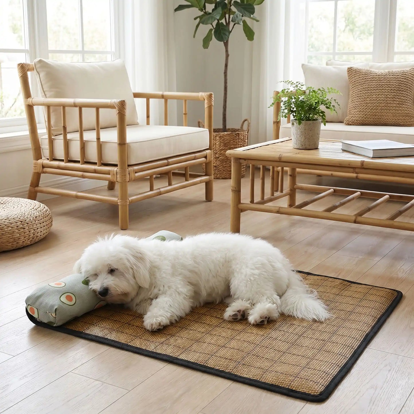 Tapis-rafraichissant-chien-petit-antidérapant, imperméable, résistant aux griffes, lavable avec traversin intégré , matelas et coussin rembourré 100% coton haute densité ergonomique pour le cou, sécurisant pour les petites races de chien et chiots de 0 à 9 kilos maximum-un chien de petite taille à poils long et épais qui s'endort paisiblement couché sur le flanc , sa tête reposant sur l'oreiller cylindrique en lin sur le tapis rafraichissant sur le sol du salon en saison estivale de fortes de chaleurs