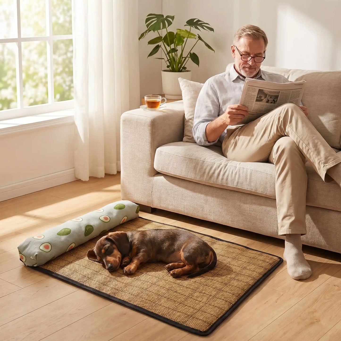 Tapis-rafraichissant-chien-petit-antidérapant, imperméable, résistant aux griffes, lavable avec traversin intégré , matelas et coussin rembourré 100% coton haute densité ergonomique pour le cou, sécurisant pour les petites races de chien et chiots de 0 à 9 kilos maximum-un chien de race naine qui dort paisiblement couché en boule et sur le flanc sur le tapis rafraichissant sur le sol à côté de son maitre qui lit assis dessus, son journal dans le salon de 'appartement en été 