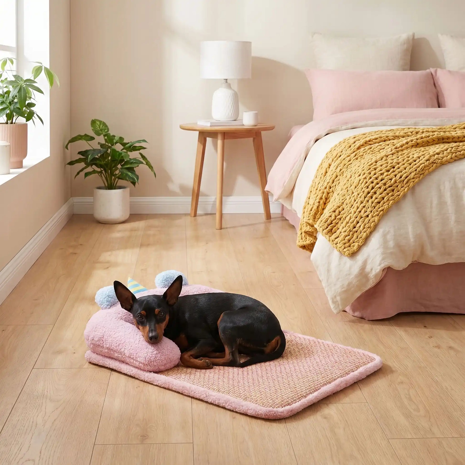 Tapis-rafraichissant-chien-petit-antidérapant, imperméable, résistant aux griffes, déhoussable et lavable avec traversin, antidérapant, matelas et coussin en U rembourré 100% coton haute densité ergonomique pour le cou, sécurisant pour les petites races de chien et chiots de 0 à 7 kilos maximum-un chien de race toy qui dort paisiblement niché avec sa tête reposant sur le coussin en forme de U rembourré et épais de couleur rose ;couché sur le tapis rafraichissant en coton et rotin sur le sol de la chambre 