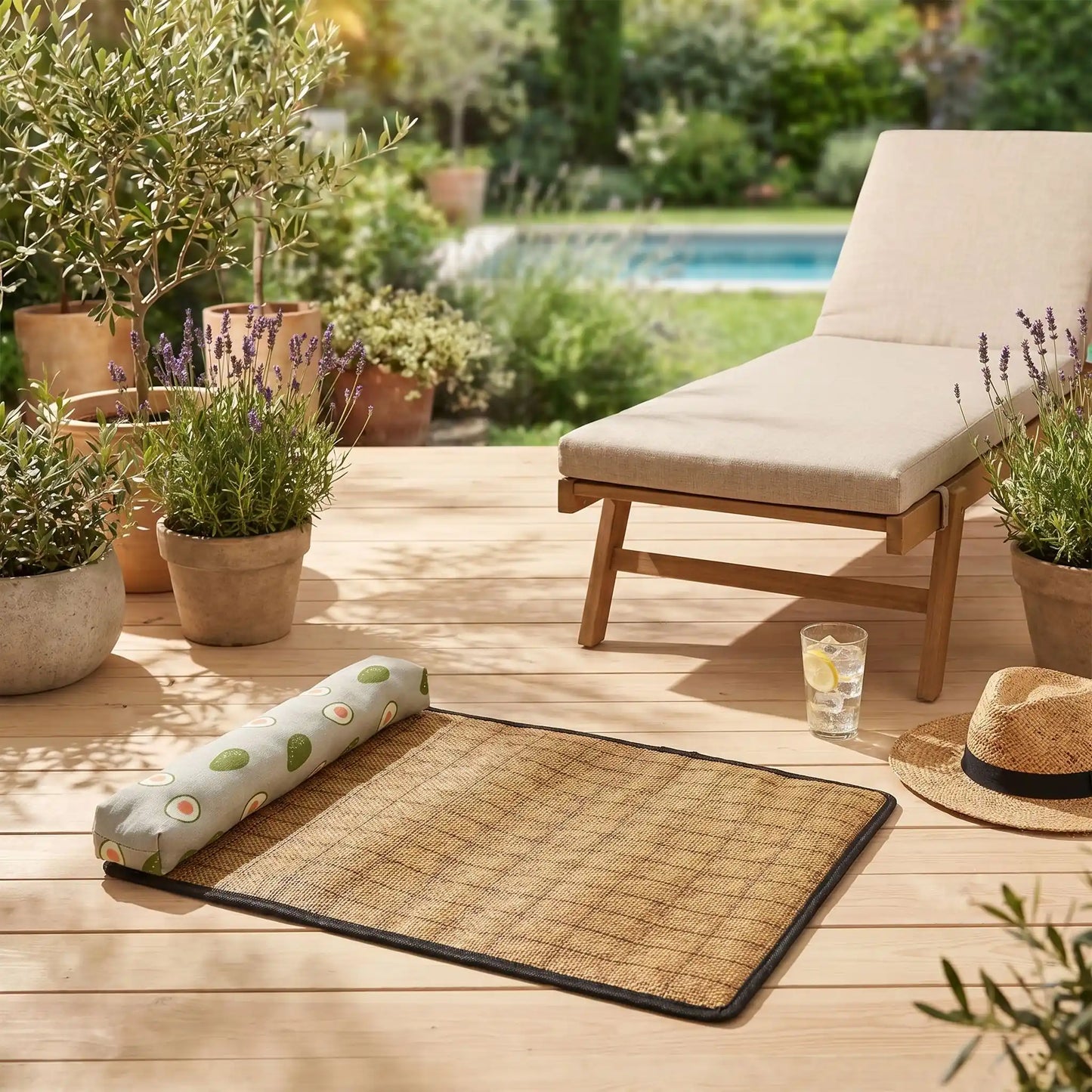 Tapis-rafraichissant-chien-petit-antidérapant, imperméable, résistant aux griffes, lavable avec traversin intégré , matelas et coussin rembourré 100% coton haute densité ergonomique pour le cou, sécurisant pour les petites races de chien et chiots de 0 à 9 kilos maximum-gros plan sur le modèle de tapis rafraichissant pour petit chien et chiot avec oreiller de couleur vert sur la terrasse de la maison de vacances en été