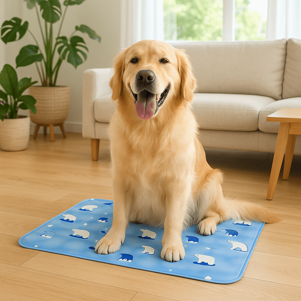 Tapis-rafraichissant-chien-chiot-gel-froid avec de l'eau et bouchon sécurisé confortable épais pliable et transportable-réutilisable à l'infini écoresponsable et économique jusqu'à 7 à 9 degrés de moins-protection canine lors de l'été et chaleur-un grand chien assis  confortablement au frais sur son tapis rafraichissant en gel non toxique et PVC résistant aux griffes sur le sol du salon en été