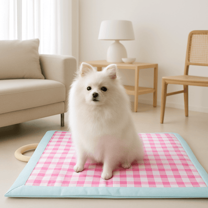 Tapis-rafraîchissant-chien-chiot-sans réfrigérateur-sans eau-sans électricité -sans gel toxique-imperméable-résistant-pliable-avec poignée de transport-un Loulou de Poméranie qui se rafraichit les pattes assis sur le ventre sur son tapis rafraîchissant à carreaux roses sur le sol du salon en plein été