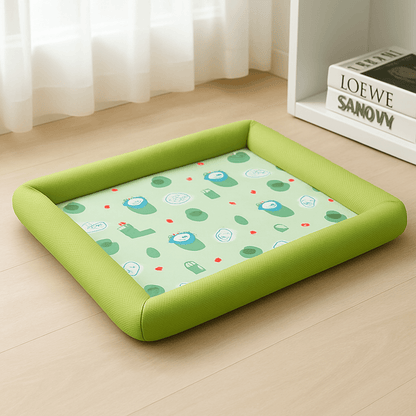 Tapis-pour-Chien-rafraichissant-ergonomique-vert avec motif mignon animalier-avec rebord surélevé et protecteur-antidérapant et lavable en machine-imperméable-rembourrage 100% coton PP respirant