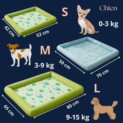 Tapis-pour-Chien-rafraichissant-ergonomique-avec motif mignon animalier-avec rebord surélevé et protecteur-antidérapant et lavable en machine-imperméable-rembourrage 100% coton PP respirant-3-tailles-disponibles-S-M et L pour chien de 0 à 15 kg-dimensions détaillés et correspondance de poid du chien