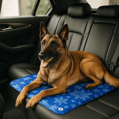 Tapis-rafraichissant-chien-chiot-gel-imperméable-lavable-polyvalent-pour-sol-lit-panier-cage-caisse-de-transport-voiture-voyage-réutilisable-résistant-au-griffes-compatible avec réfrigérateur ou frigo-sans produits toxique-confort thermique pour le bien-être et la santé des chiens-un grand chien couché et détendu malgré les températures chaudes sur son tapis rafraichissant au design mignon polaire de couleur bleu sur les sièges arrière de la voiture en été