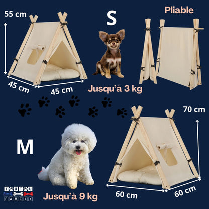 Tente-pour-chien-avec-coussin-guide-des-tailles-S-et-M-dimensions pour chiot et petit chien jusqu'à 9 kg