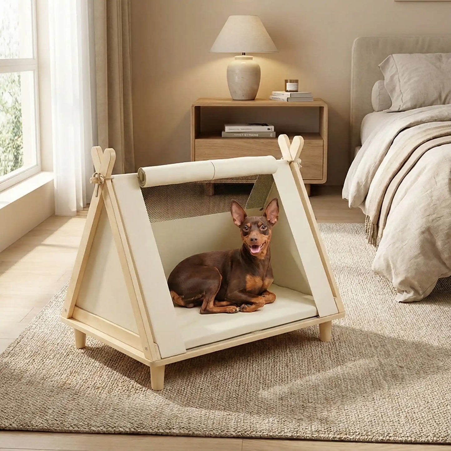 Tente-pour-chien-chiot-surélevé-bois naturel et tissu oxford 300D ultra-résistant et 100% imperméable avec une partie moustiquaire pour une circulation d'air optimale-un lit pour chiot et petit chien de 0 à 5 kilos solide et design écoresponsable dfe couleur crème avec son matelas ergonomique à mémoire de forme en éponge haute résilience 100% coton PP-un Pinscher nain couché confortablement dans sa tente dans la chambre de la maison