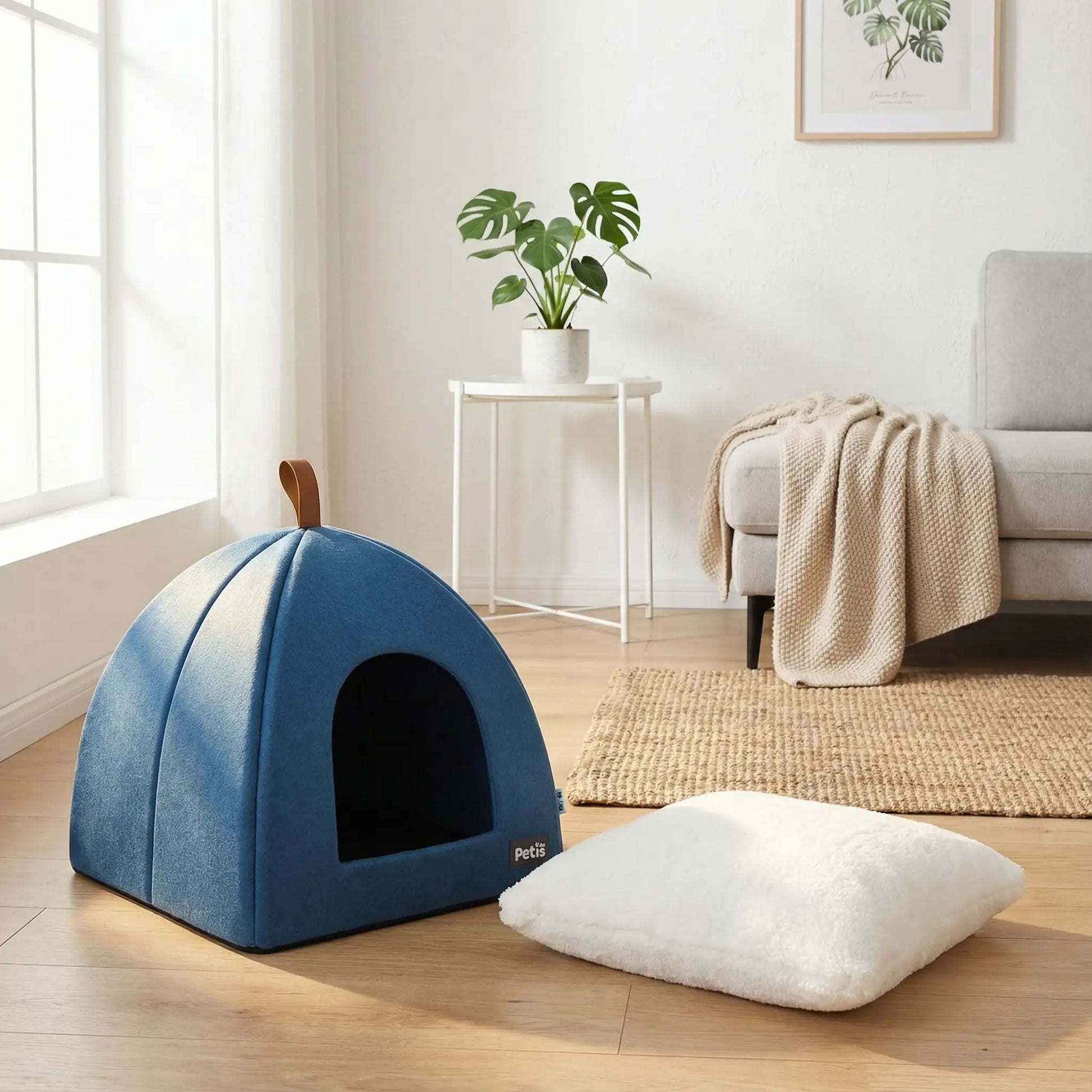 Tente-pour-chien-pliable avec poignée de transport, résistante compacte et légère, niche pour petits chien de race miniature ou toy de 0 à 3 kilos avec un coussin amovible et lavable en machine à laver, antidérapant et imperméable de couleur bleu en forme de dôme