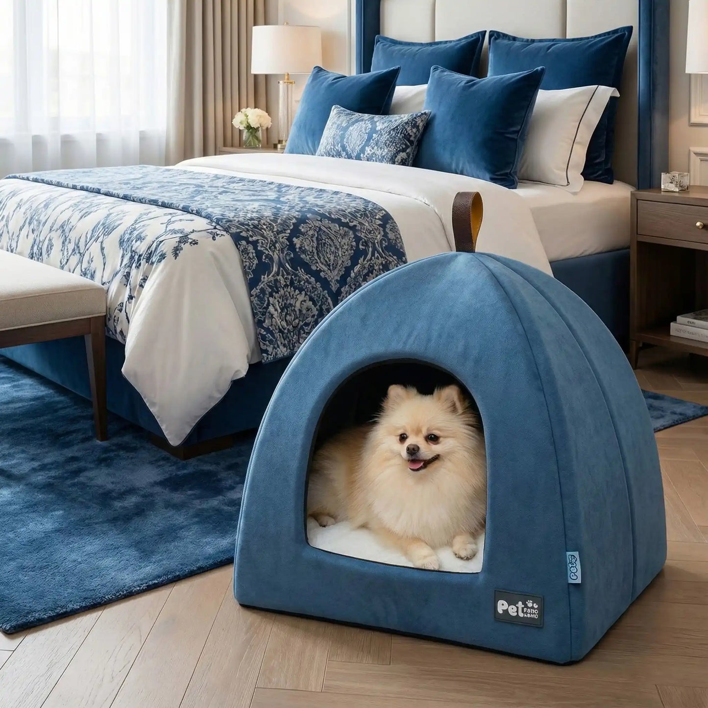 Tente-pour-chien-pliable avec poignée de transport, résistante compacte et légère, niche pour petits chien de race miniature ou toy de 0 à 3 kilos avec un coussin amovible et lavable en machine à laver, antidérapant et imperméable de couleur bleu-un Loulou de poméranie couché confortablement dans sa niche en forme de dôme dans la chambre de l'appartement