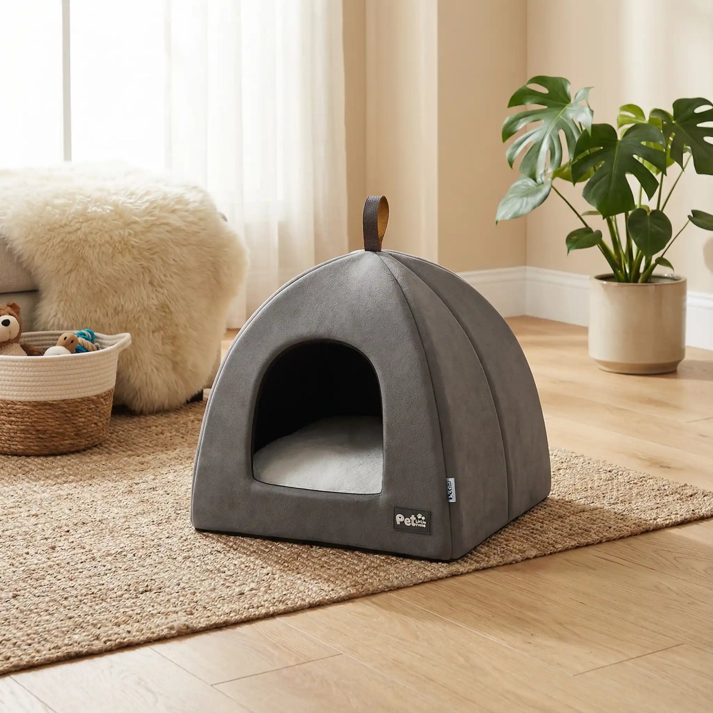 Tente-pour-chien-pliable avec poignée de transport, résistante compacte et légère, niche pour petits chien de race miniature ou toy de 0 à 3 kilos avec un coussin amovible et lavable en machine à laver, antidérapant et imperméable de couleur gris ou bleu-taille XS