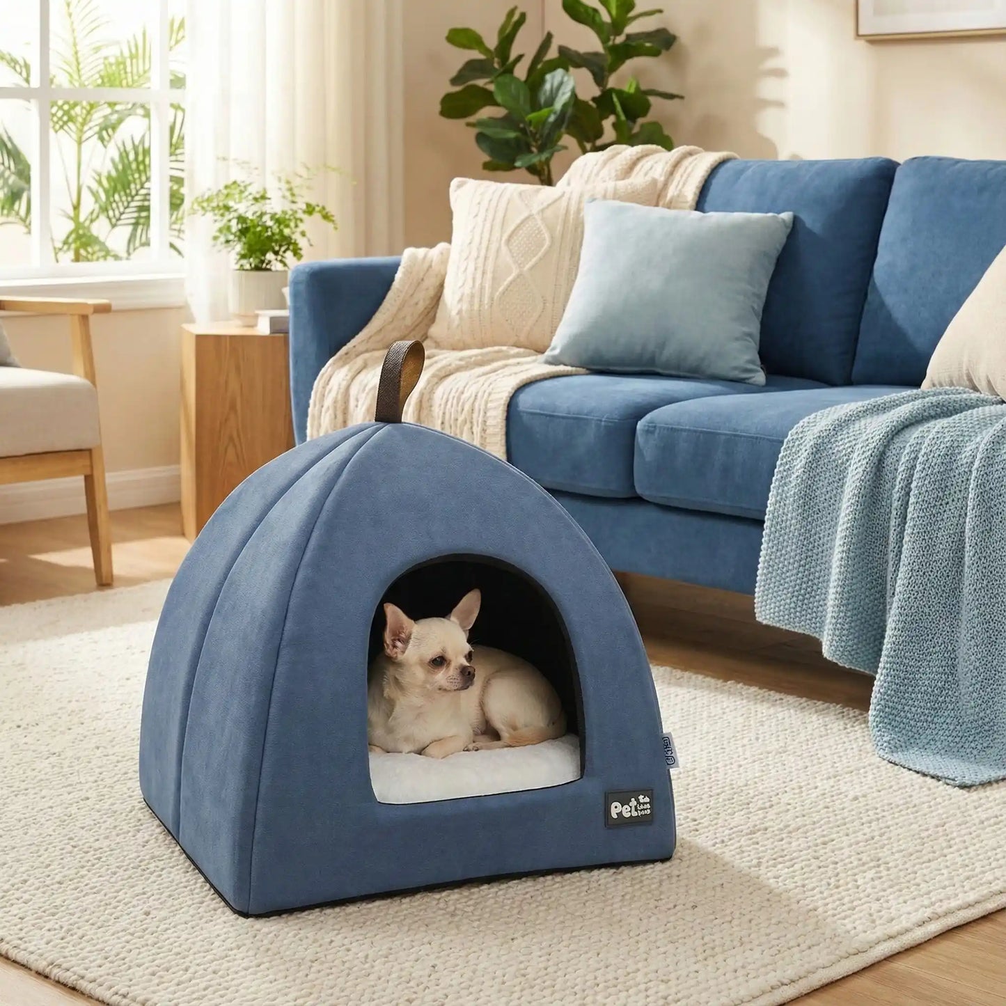 Tente-pour-chien-pliable avec poignée de transport, résistante compacte et légère, niche pour petits chien de race miniature ou toy de 0 à 3 kilos avec un coussin amovible et lavable en machine à laver, antidérapant et imperméable de couleur gris-un Chihuahua qui dort paisiblement dans sa niche intérieur sur le coussin rembourré 100% coton de haute densité dans le salon de l'appartement