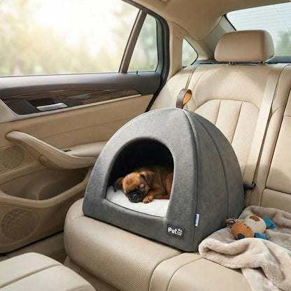 Tente-pour-chien-pliable avec poignée de transport, résistante compacte et légère, niche pour petits chien de race miniature ou toy de 0 à 3 kilos avec un coussin amovible et lavable en machine à laver, antidérapant et imperméable de couleur gris-un chiot de petite race qui dort paisiblement dans sa niche intérieur sur le coussin rembourré 100% coton de haute densité sur les sièges arrières de la voiture