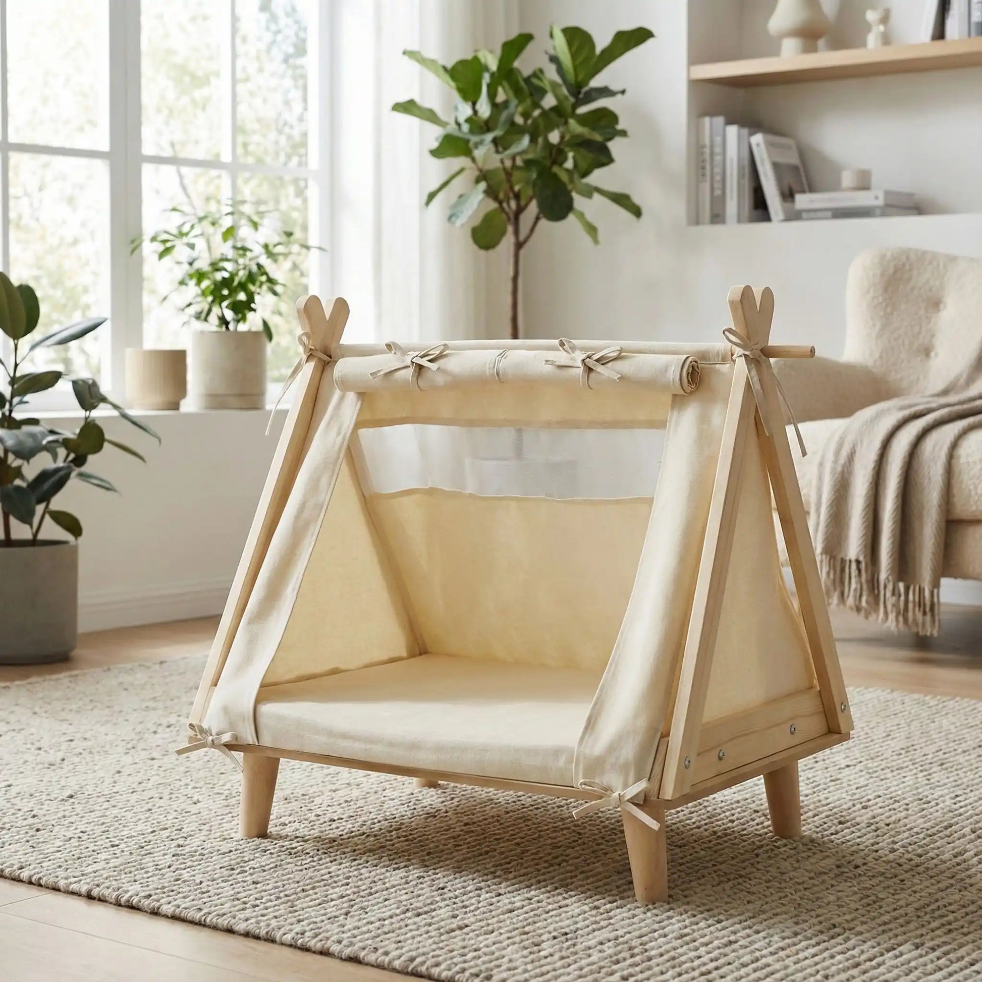 Tente-pour-chien-chiot-surélevé-bois naturel et tissu oxford 300D ultra-résistant et 100% imperméable avec une partie moustiquaire pour une circulation d'air optimale-un lit pour chiot et petit chien de 0 à 5 kilos solide et design écoresponsable dfe couleur crème avec son matelas ergonomique à mémoire de forme en éponge haute résilience 100% coton PP 