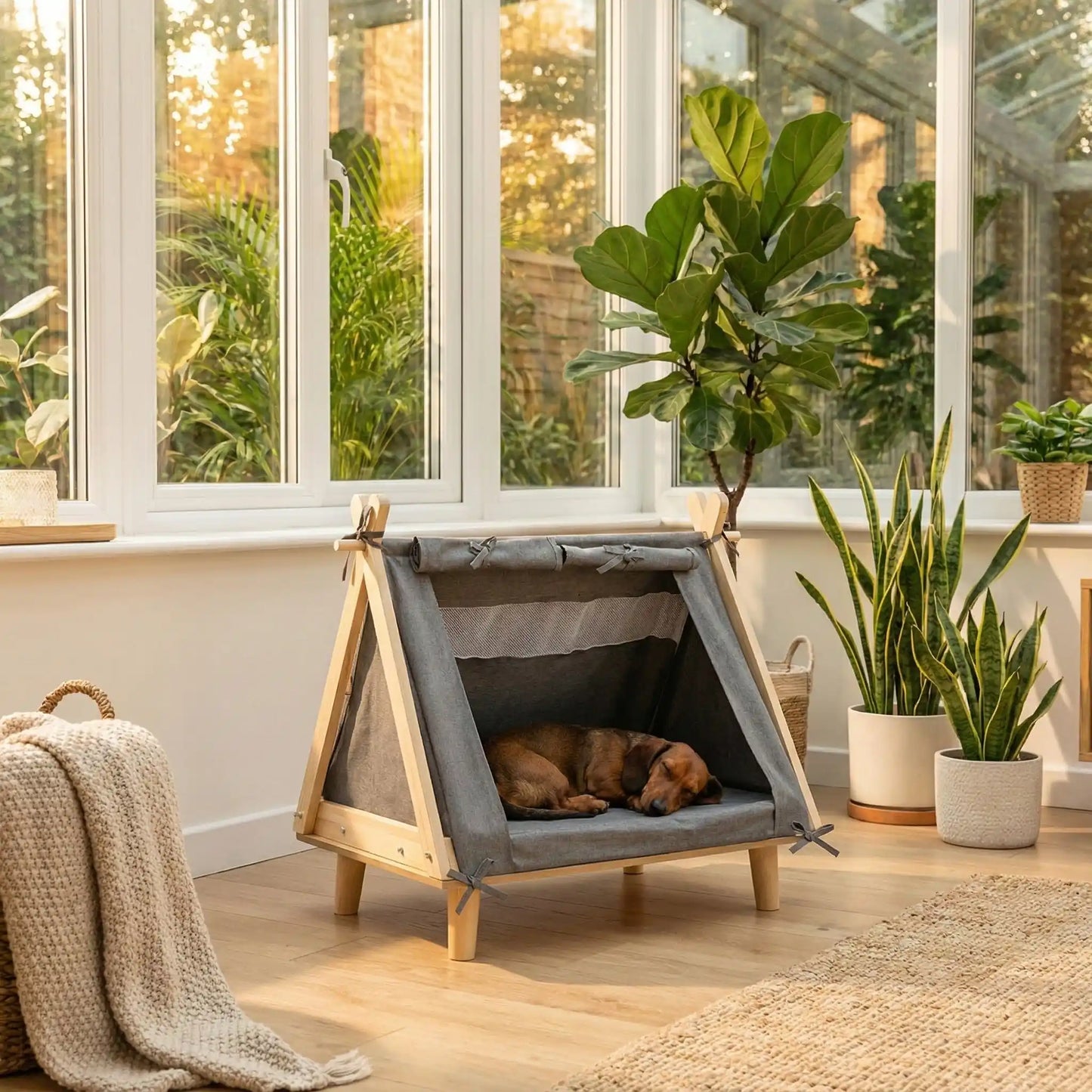 Tente-pour-chien-chiot-surélevé-bois naturel et tissu oxford 300D ultra-résistant et 100% imperméable avec une partie moustiquaire pour une circulation d'air optimale-un lit pour chiot et petit chien de 0 à 5 kilos solide et design écoresponsable dfe couleur crème avec son matelas ergonomique à mémoire de forme en éponge haute résilience 100% coton PP-un chien de race naine qui dort paisiblement en boule dans sa tente en bois dans la véranda de l'appartement