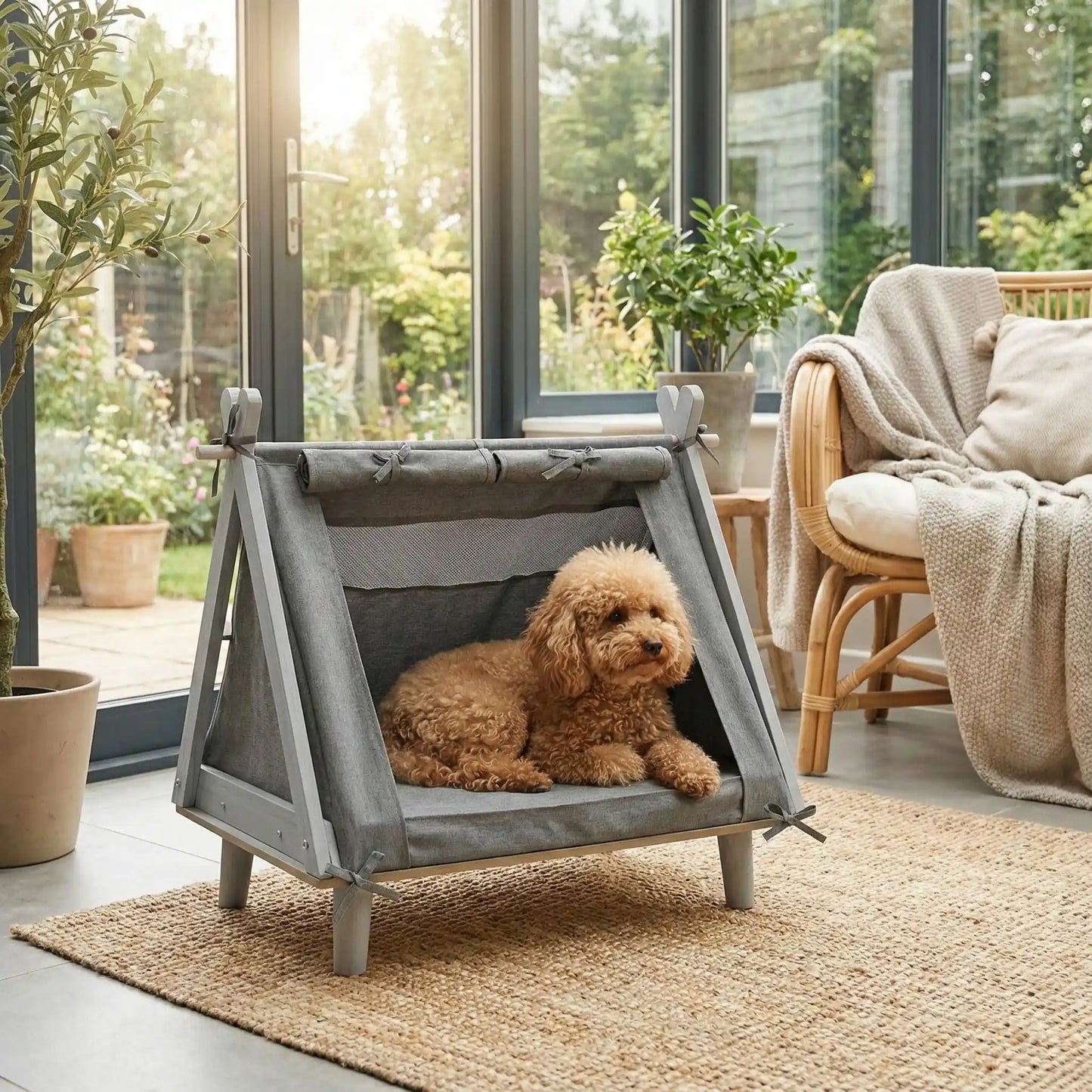 Tente-pour-chien-chiot-surélevé-bois naturel et tissu oxford 300D ultra-résistant et 100% imperméable avec une partie moustiquaire pour une circulation d'air optimale-un lit pour chiot et petit chien de 0 à 5 kilos solide et design écoresponsable avec son matelas ergonomique à mémoire de forme en éponge haute résilience 100% coton PP-un caniche nain couché confortablement dans sa tente avec matelas déhoussable et lavable en machine de couleur gris dans le salon