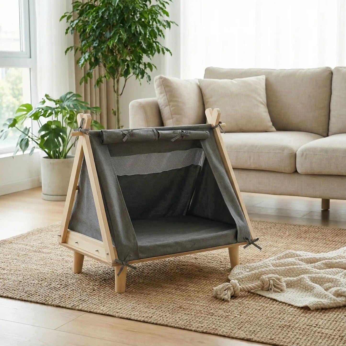 Tente-pour-chien-chiot-surélevé-bois naturel et tissu oxford 300D ultra-résistant et 100% imperméable avec une partie moustiquaire pour une circulation d'air optimale-un lit pour chiot et petit chien de 0 à 5 kilos solide et design écoresponsable dfe couleur crème avec son matelas ergonomique à mémoire de forme en éponge haute résilience 100% coton PP pour petite et race naine
