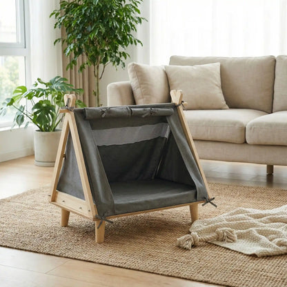 Tente-pour-chien-chiot-surélevé-bois naturel et tissu oxford 300D ultra-résistant et 100% imperméable avec une partie moustiquaire pour une circulation d'air optimale-un lit pour chiot et petit chien de 0 à 5 kilos solide et design écoresponsable dfe couleur crème avec son matelas ergonomique à mémoire de forme en éponge haute résilience 100% coton PP pour petite et race naine