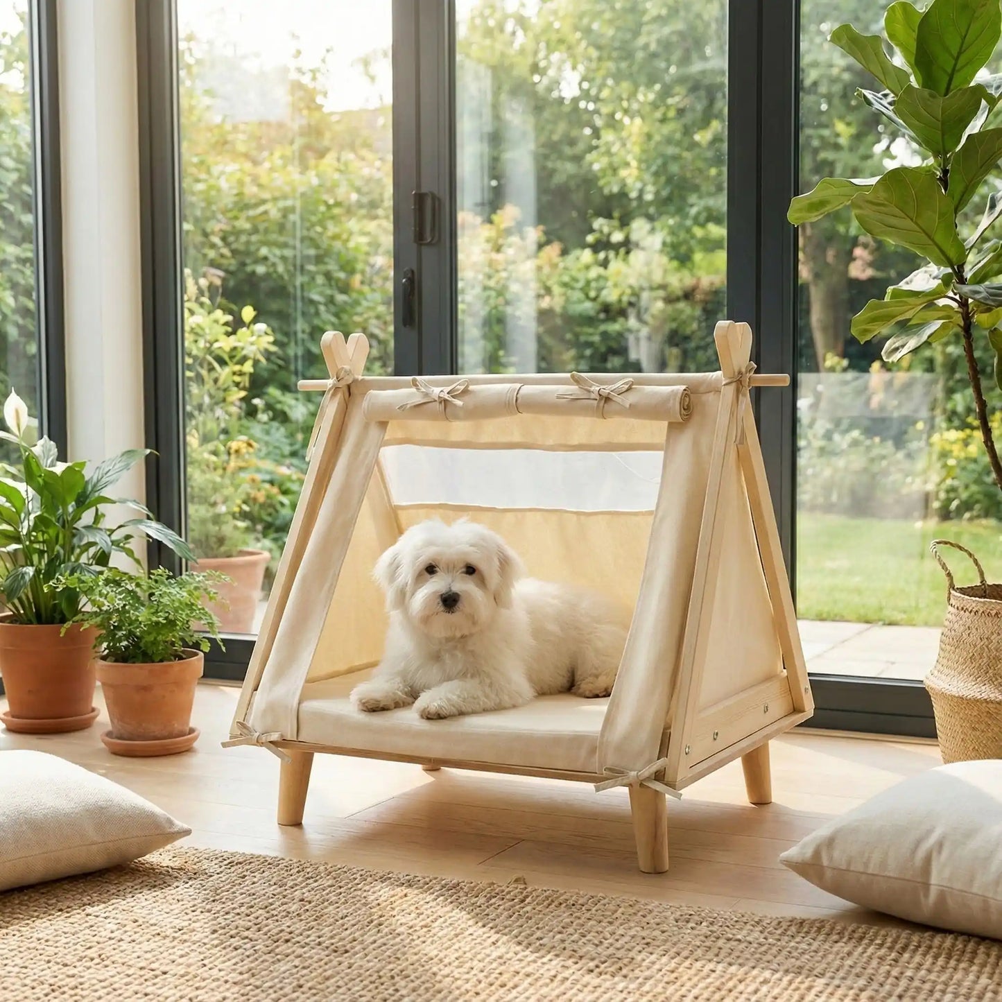Tente-pour-chien-chiot-surélevé-bois naturel et tissu oxford 300D ultra-résistant et 100% imperméable avec une partie moustiquaire pour une circulation d'air optimale-un lit pour chiot et petit chien de 0 à 5 kilos solide et design écoresponsable dfe couleur crème avec son matelas ergonomique à mémoire de forme en éponge haute résilience 100% coton PP-un chien de petite taille couché confortablement dans sa tente design en hauteur avec matelas déhoussable et lavable en machine dans le salon de la maison