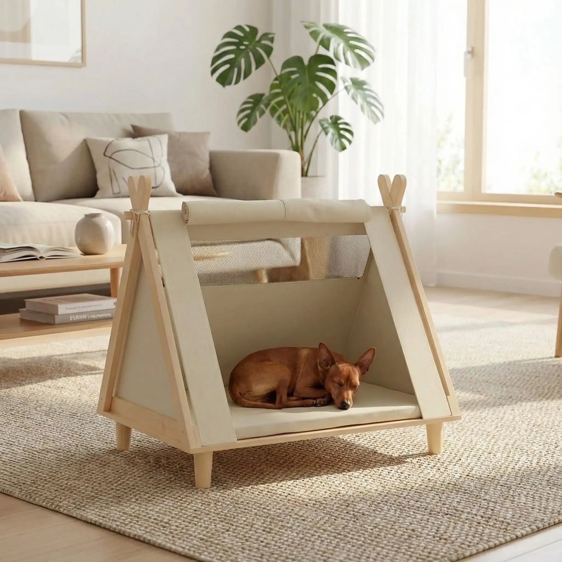 Tente-pour-chien-chiot-surélevé-bois naturel et tissu oxford 300D ultra-résistant et 100% imperméable avec une partie moustiquaire pour une circulation d'air optimale-un lit pour chiot et petit chien de 0 à 5 kilos solide et design écoresponsable dfe couleur crème avec son matelas ergonomique à mémoire de forme en éponge haute résilience 100% coton PP-un chien de petite taille dans sa mini niche imperméable et sur pieds en bois et matelas déhoussable et lavable en machine dans le salon de l'appartement