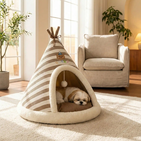 Tipi-pour-chien-cocon-anti-anxiété-coton-coussin amovible au rembourrage 100% Coton PP antidérapant et imperméable hypoallergénique et chaud-design mignon rayure avec une balle interactive en peluche accorché à l'entrée- pour chiot et chien de petite taille de 0 à 9 kilos-un Shih tzu qui dort paisiblement dans le tipi douillet sur le coussin ergonomique 100% coton amovible et lavable en machine dans le salon de l'appartement