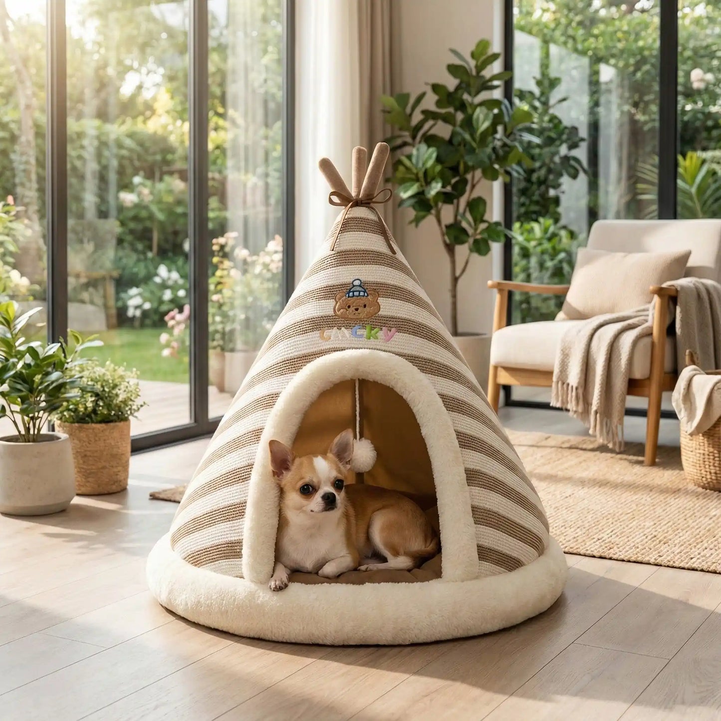 Tipi-pour-chien-cocon-anti-anxiété-coton-coussin amovible au rembourrage 100% Coton PP antidérapant et imperméable hypoallergénique et chaud-design mignon rayure avec une balle interactive en peluche accorché à l'entrée- pour chiot et chien de petite taille de 0 à 9 kilos-un chihuahua couché confortablement dans le tipi douillet sur le coussin ergonomique 100% coton amovible et lavable en machine dans la véranda de la maison