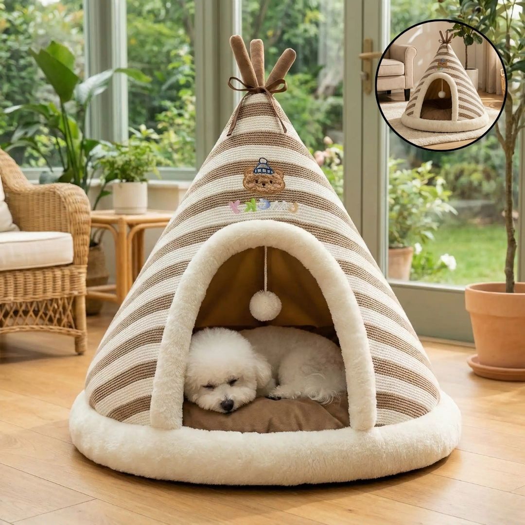 Tipi-pour-chien-cocon-anti-anxiété-coton-coussin amovible au rembourrage 100% Coton PP antidérapant et imperméable hypoallergénique et chaud-design mignon rayure avec une balle interactive en peluche accorché à l'entrée- pour chiot et chien de petite taille de 0 à 9 kilos-un Bichon frisé qui dort paisiblement en boule dans le tipi douillet sur le coussin ergonomique 100% coton amovible et lavable en machine dans la véranda de la maison