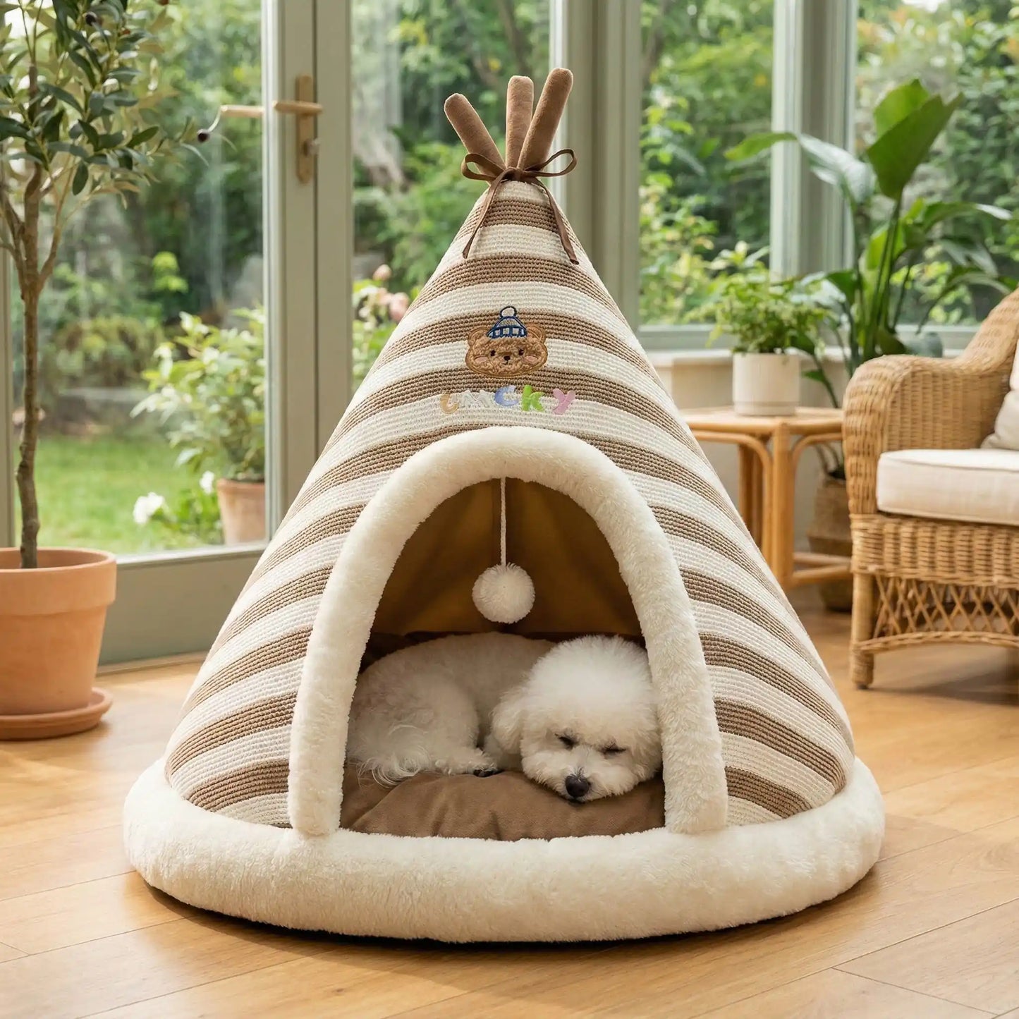 Tipi-pour-chien-cocon-anti-anxiété-coton-coussin amovible au rembourrage 100% Coton PP antidérapant et imperméable hypoallergénique et chaud-design mignon rayure avec une balle interactive en peluche accroché à l'entrée- pour chiot et chien de petite taille de 0 à 9 kilos-un chien de petite taille qui dort paisiblement dans le tipi douillet sur le coussin ergonomique 100% coton amovible et lavable en machine dans le salon de la maison