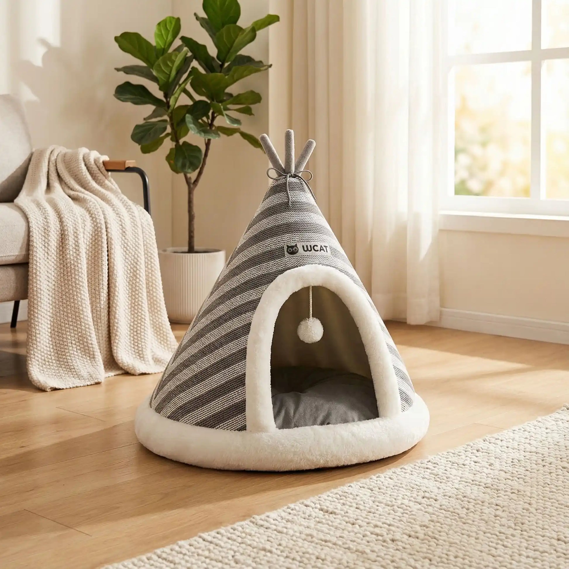 Tipi-pour-chien-cocon-anti-anxiété-coton-coussin amovible au rembourrage 100% Coton PP antidérapant et imperméable hypoallergénique et chaud-design mignon rayure avec une balle interactive en peluche accroché à l'entrée- pour chiot et chien de petite taille de 0 à 9 kilos-avec coussin ergonomique 100% coton amovible et lavable en machine de couleur gris et blanc