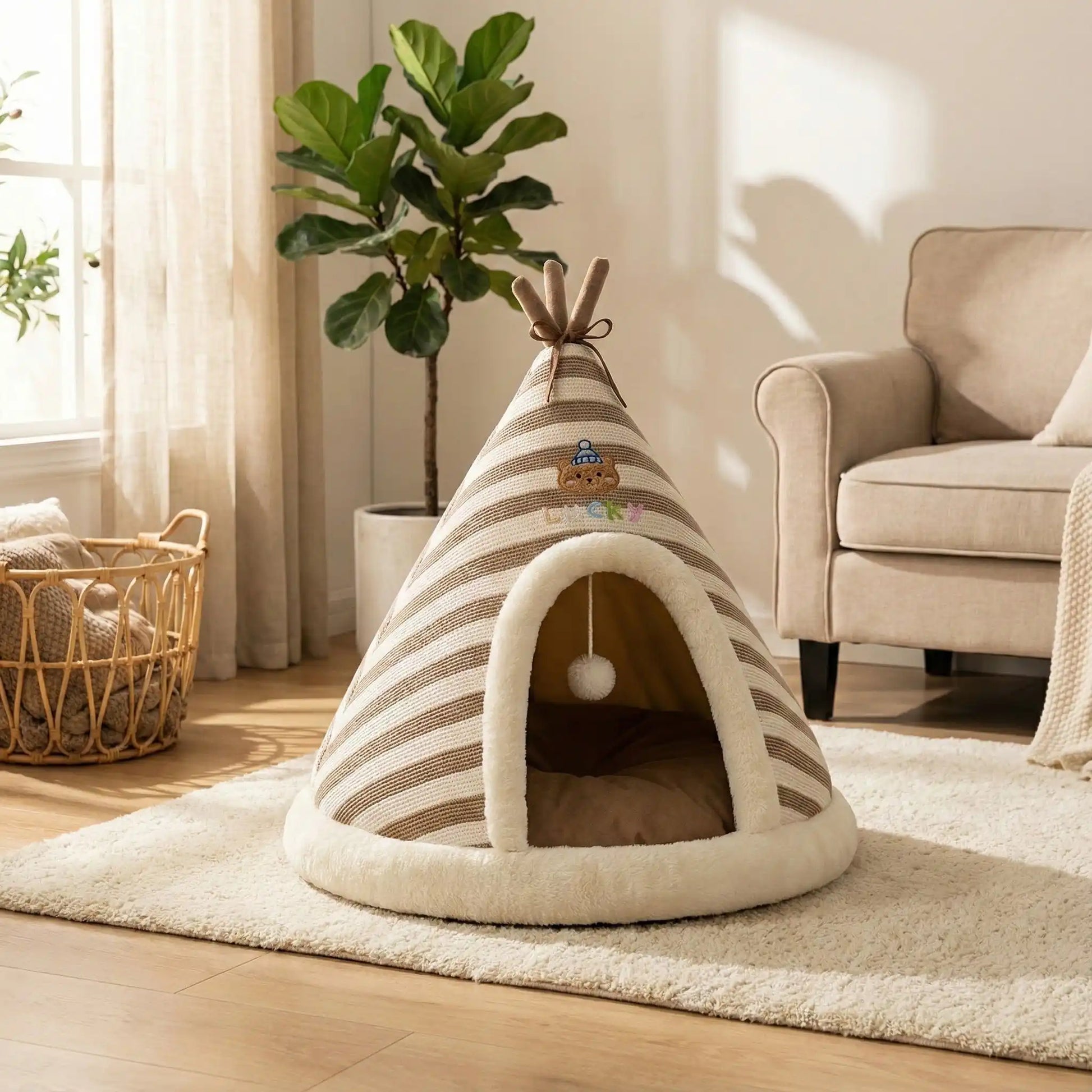 Tipi-pour-chien-cocon-anti-anxiété-coton-coussin amovible au rembourrage 100% Coton PP antidérapant et imperméable hypoallergénique et chaud-design mignon rayure avec une balle interactive en peluche accroché à l'entrée- pour chiot et chien de petite taille de 0 à 9 kilos-avec coussin ergonomique 100% coton amovible et lavable en machine de couleur marron et blanc